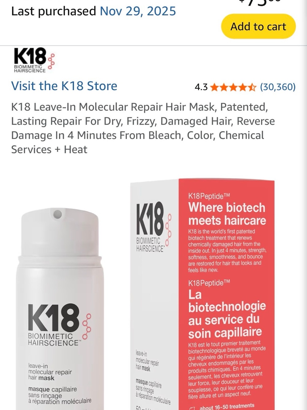 K18 Biomimetic Hairscience Leave-In Molecular Repair Hair Mask 1.7 oz Travel Sz - Picture 5 of 5
